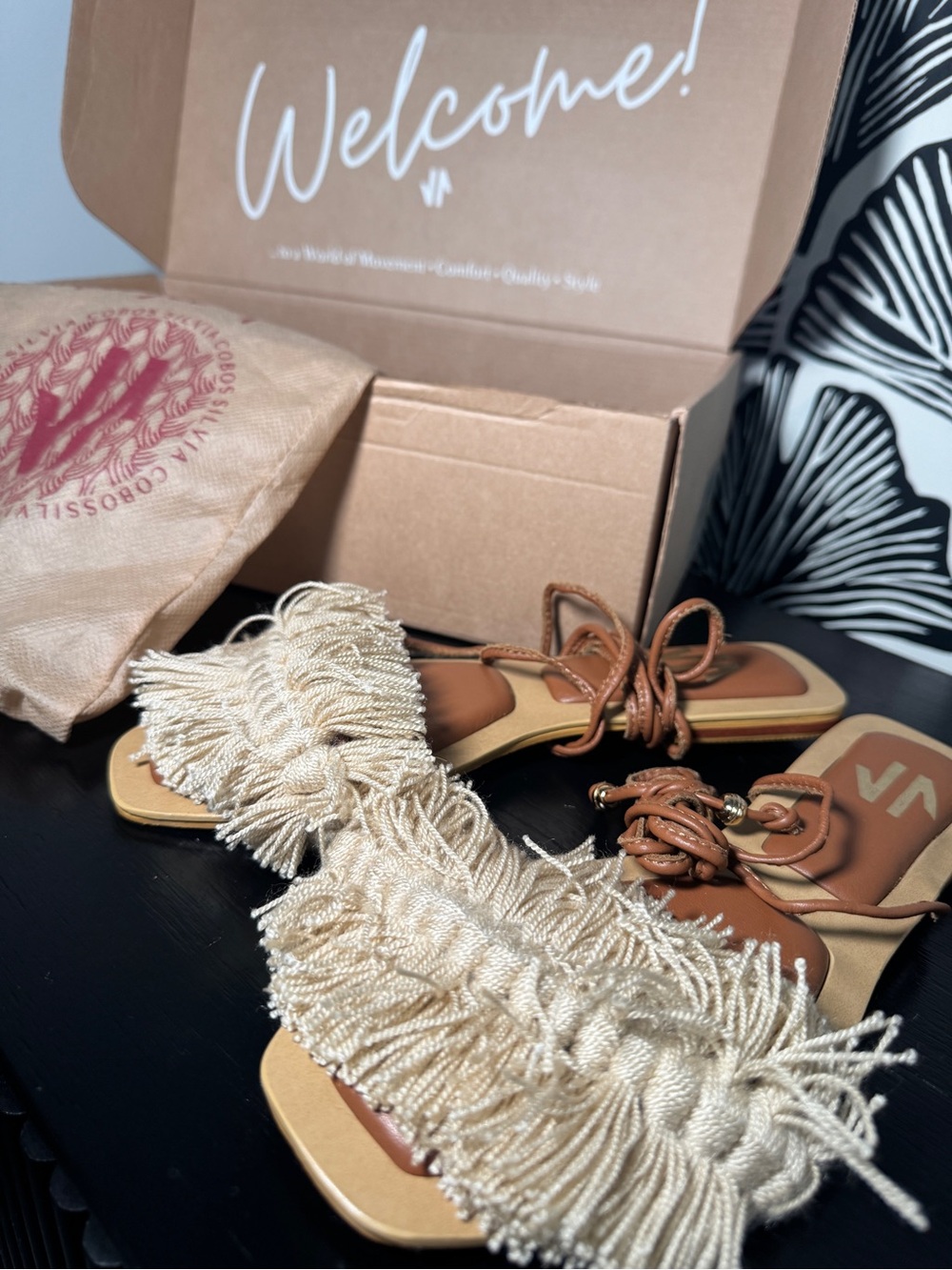 Fringed Cream Slide Sandals with Lace-Up Detail